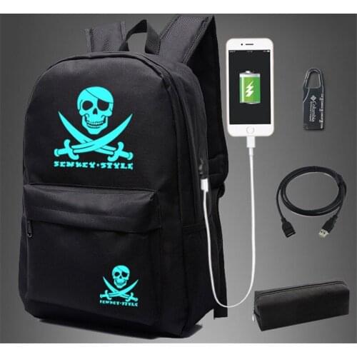Pirates Skull Printed School Bag noctilucous Luminous backpack student Notebook backpack Daily Bag With USB Port Free Lock