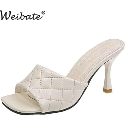 WEIBATE Vintage Square Toe Slipper Sandals Women Solid Gingham High Heel Womens Sandals Block Heel Ladies Shoes Women Sandals