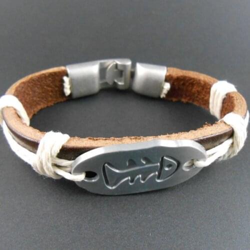 2015 new fashion hemp rope vintage Fishbone charm genuine leather bracelet for women men jewelry aliexpresss wholesale