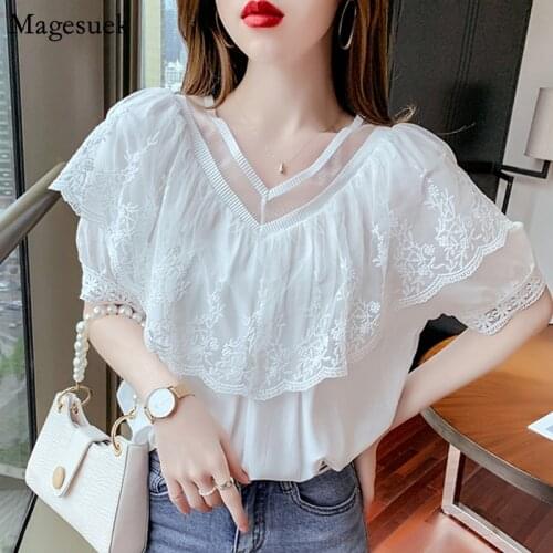 Summer White Short Sleeve Blouse Women 2021 Korean Loose Embroidery Floral Shirt V-neck Ruffles Elegant Tops Lady Clothes 14288