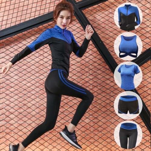 Women yoga 5 pieces set High waist pants+coat+t shirt+bra+pants outdoor running quick dry fitness gym clothing sports set S-XXL