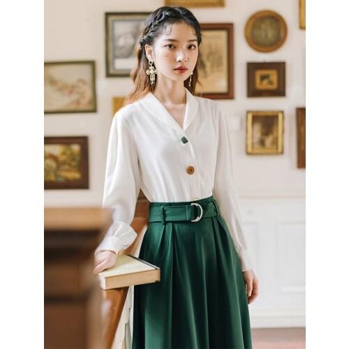Autumn Office Lady 2 Piece Set Elegant V-Neck White Shirt Green Long Maxi Skirt With Sashes Formal Women Outfits Ensemble Femme