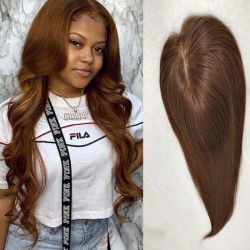 Darker Blonde 12*14cm Toupee Hair For Women Hair Toppers 100% Human Hair Clip Ins Brown Color 130% Volume Extension +Silk base