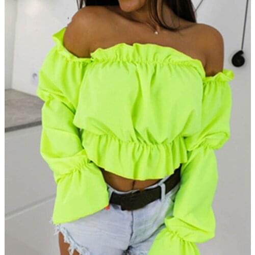 2021 Candy Color Off Shoulder Crop Tops women Summer dot print lantern sleeve shirts Lady Sexy Slash neck beach blouse