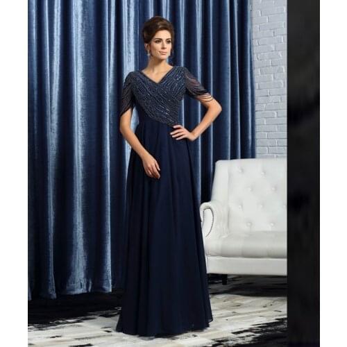 Latest Unique Dark Navy Chiffon V Neckline Mother of the Bride Dresses With Short Sleeves Sequins Wedding Party Gowns 2020