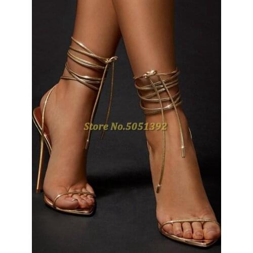 Gold Lace Up Sandals Stiletto High Heel Real Picture Sexy Pointed Toe Ankle Strap Dress Women Shoes Tie Up Sandals Narrow Strap