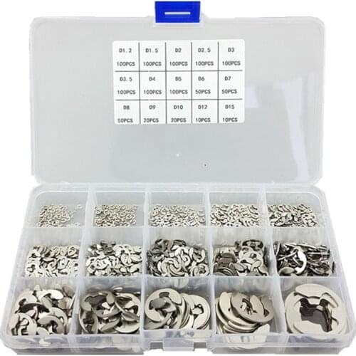 1010Pcs 15 Kinds M1.2-M15 304 Stainless Steel E-Clip Snap Ring Circlip Retaining Ring Assortment Kit GB896