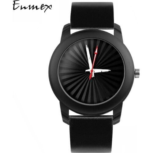 2019 Enmex creative black wristwatch Luminous hands Solar stripe Genuine leather strap fashion Stylish clock quartz watch