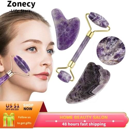 Amethyst Jade Roller Massager For Face Natural Lift Gua Sha Board Scraper Guache Stone Slimming Thin Chin Neck Beauty Skin Care