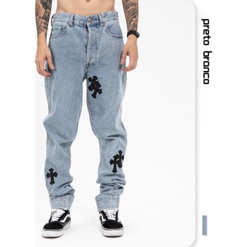 PRETO BRANCO Mens Clothing | High Street Fashion Brand Cross Embroidered Washed Blue Jeans Trousers Straight Men and Women