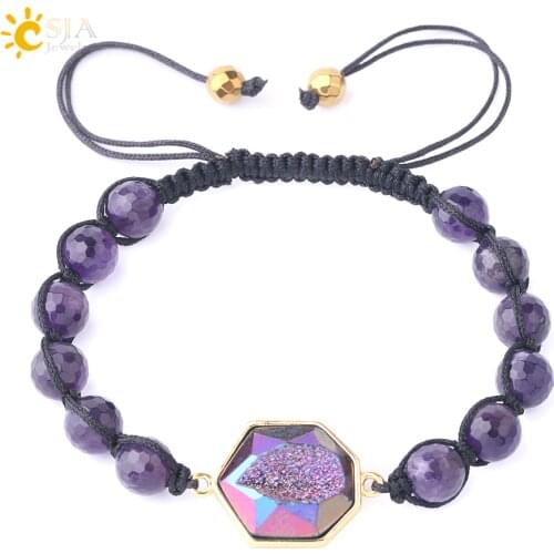 CSJA 8mm Natural Purple Crystal Amazon Stones Bracelet Faceted Beads Druzy Quartz Weave Friendship Bracelets Unisex Jewelry F817