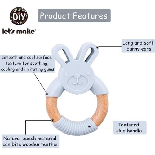Lets Make 5pc/set Baby Teether Silicone Rabbit Shaped Teething Toys Beech Wood Ring Food Grade Baby Bed Hanging Rattles Toys