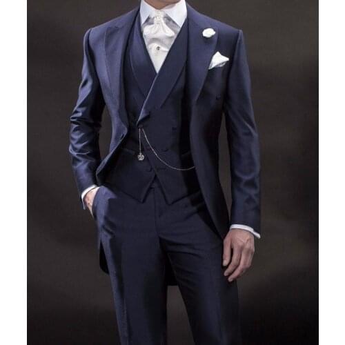 Mens Suit 3 piece Navy blue Prom Wedding Suits for Men Shiny Tailcoat Tailored Groom Tuxedo Slim Fit Suit Men Jacket Pants Set