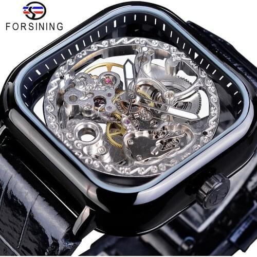 Forsining Transparent Flower Gear Movement Black Belt Luminous Hand Business Fashion Design Mens Automatic Skeleton Watch Clock