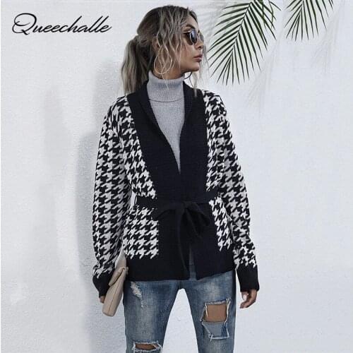 Houndstooth Cardigan Autumn Winter V neck Long Sleeve Knitted Sweaters for Women Black Sashes Casual Sweater Coat Jumper Tops