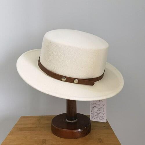 Classical New Style Flat Top 100% Wool Fedoras Hats For Women PU Leather Decoration Ladies Jazz Casual Top Hat Sombrero Fedora