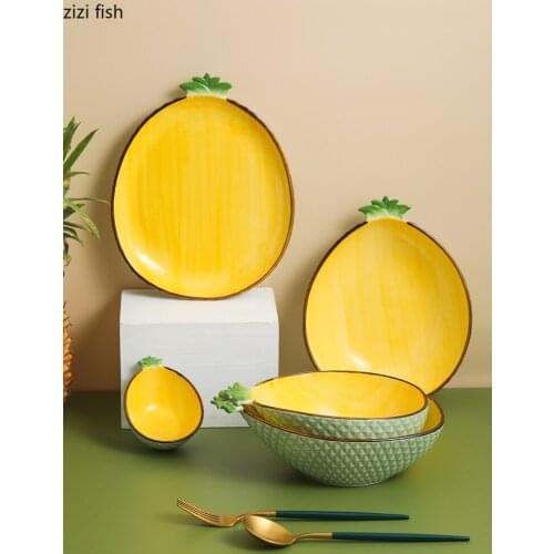 Creative Cute Tableware Ceramic Pineapple Bowls and Dishes Western-style Yellow Fruit Salad Bowls Kitchen Utensils Porcelain New