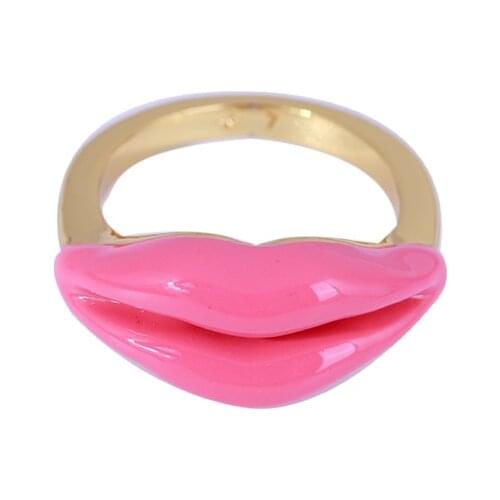 Fashion European and American style jewelry inlaid enamel glaze sexy pink lips ring ring to send girlfriend