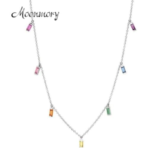 Moonmory 925 Sterling Silver Colorful Rectangle Zircon Pendant Short Necklace For Women New Style Charm Crystal Collar Jewelry