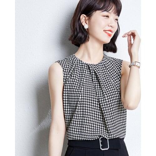 Office Ladies Work Houndstooth Shirt Women Blouses Fashion Summer Sleeveless Plaid Chiffon Shirt Female Slim All-Match Tops