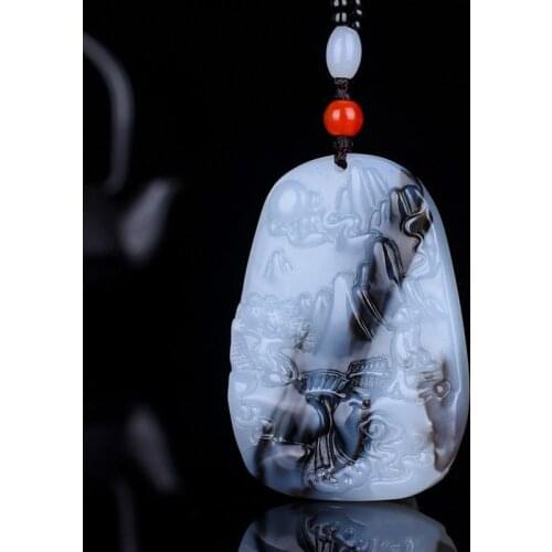 Natural Black White Jade Landscape Pendant Necklace Chinese Hand-Carved Fashion Charm Jewelry Accessories Amulet Men Women Gifts