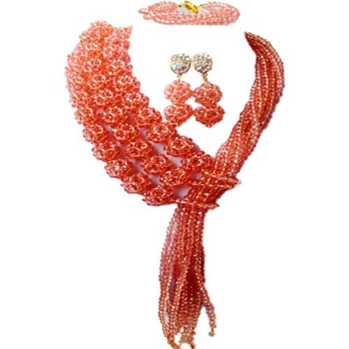 Peach African Jewelry Set Crystal Beaded Nigerian Wedding Costume Necklace Sets 3CQST03