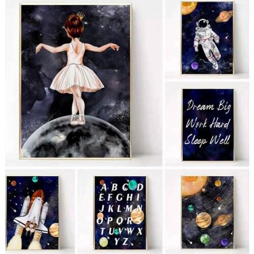 Planets Rocket Alphabet Sun Moon Girl Astronaut Wall Art Canvas Painting Nordic Posters And Prints Wall Pictures Kids Room Decor