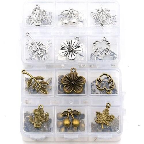 1Set 30Pcs/Lot 2Color 6Styles Leaves Flower Fruit Charm Plant Pendant With Box Material For DIY Jewelry Necklace Bracelet Making