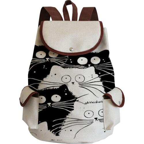 Cartoon Cute Cat Printed Backpack Fashion Teens School Bag For Teenager Girls Drawstring High Capacity Travel Rucksack Women