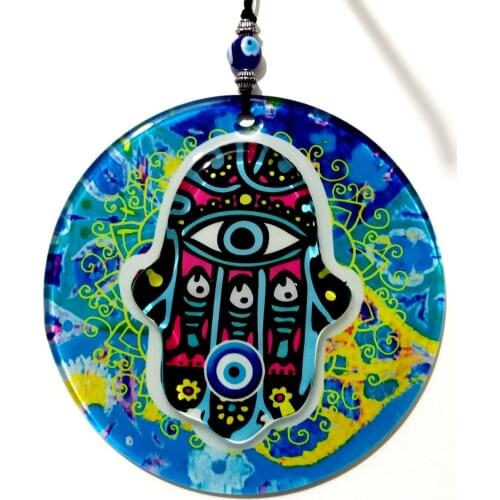 Blue Embossed Abundance Hand Evil Eye Beaded Fusion Glass Wall Ornament