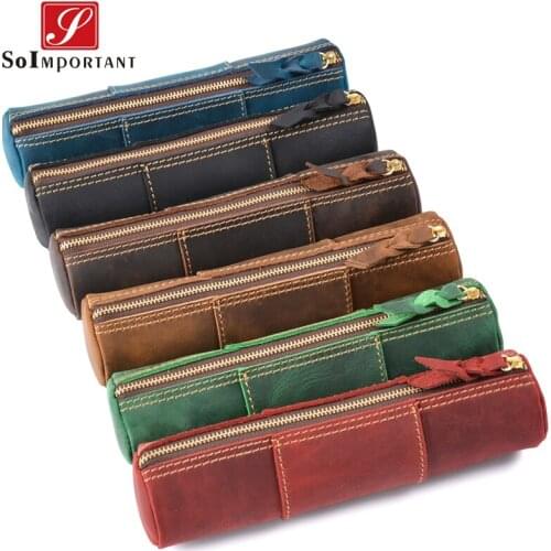Vintage Handmade Genuine Crazy Horse Leather Pens Pencil Bags Pouch Pocket Case Wallets Coin Purse Zipper Organizer Long Bags