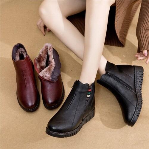 Waterproof Leather boots women Comfortable wedges boot Ladies Winter shoes women plush Zip Ankle winter boots women O4-64