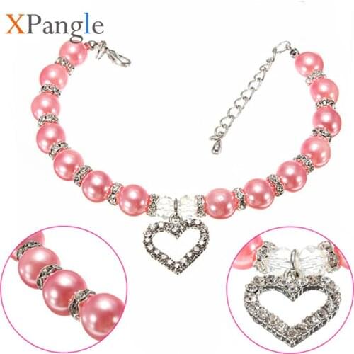 XPangle Rhinestones Imitation Pearls Dog Cat Collar Adjust Love Puppy Collar Necklace Accessories for Chihuahua Pet Supplies