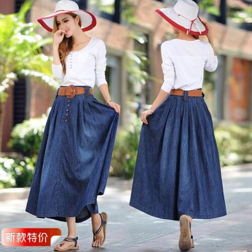 New Fashion Jeans Skirt Denim All-Match Loose Casual Elastic Waist Long Pleated Skirts For Women With Belt S-5XL Plus Size