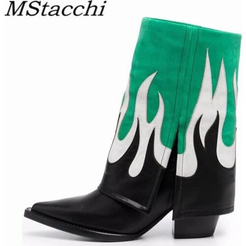 MStacchi New Retro Crude Heel Woman Boots Mixed Colors Genuine Leather Mid Heel Pointed Toe Shoes Femme Mid-calf Boots Winter