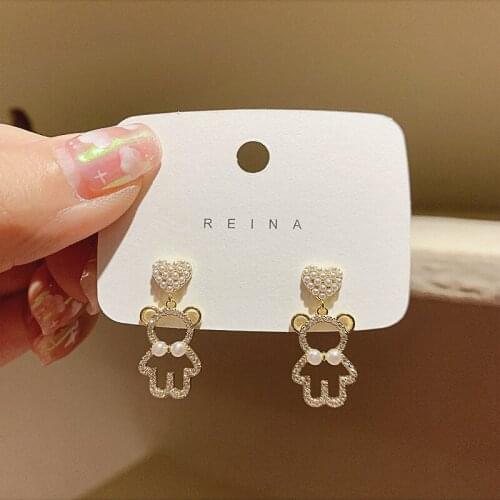 South Korea Elegant Heart Bear Ear Studs Sweet Fresh Kawaii Pearl Earrings For Women Luxury Valentines Day Discount