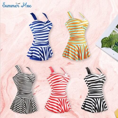 Womens One Piece Striped Slim Swim Dress Bathing Swimwear