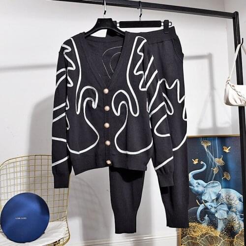 Autumn New Fashion Embroidery Knit Tracksuit Women Two Piece Set Loose Black V-neck Cardigan Sweater Pencil Pants Outfits Female