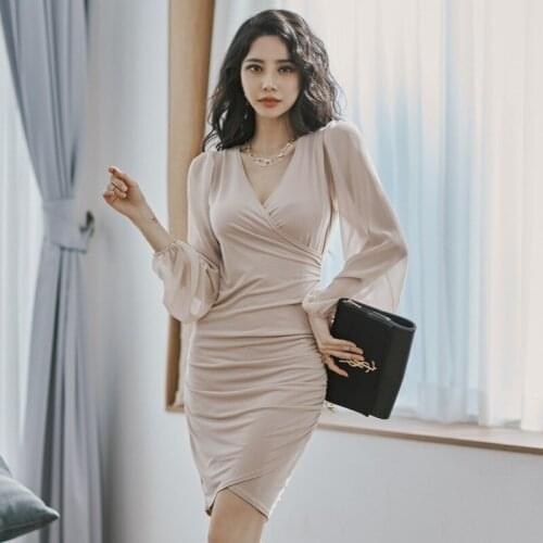 2020 Autumn Winter Womens New Arrival Sheer Deep V-Neck Lantern Long Sleeve Sheath Midi Wrap Ruched Chiffon Sexy Party Dresses