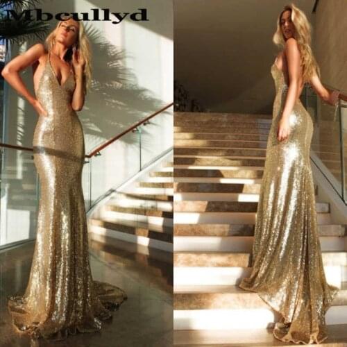 Mbcullyd Gold Sequined Mermaid Prom Dress Long 2020 Deep V Neck Evening Party Gowns Sexy Backless Women Robe De Soiree