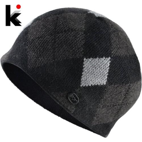Winter Mens Beanie Fashion Ski Skullies Beanies Men Warm Knitted Plaid Hats Thick Double Layer Gorras Knit Contrast Color Hat