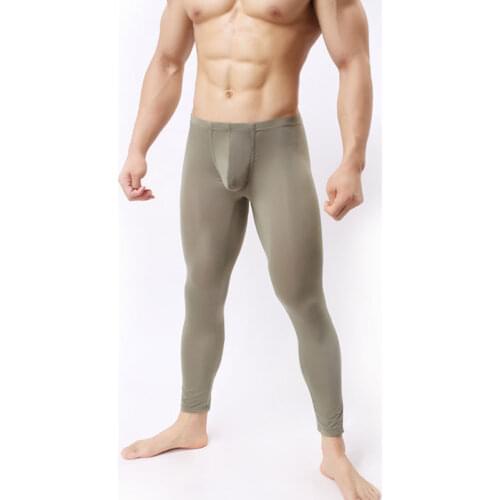 1PCs Sexy Men U Pouch Legging Ice Silk Transparent Capris Sexy Tight Pocket Pajama Breathable Trousers FX1018