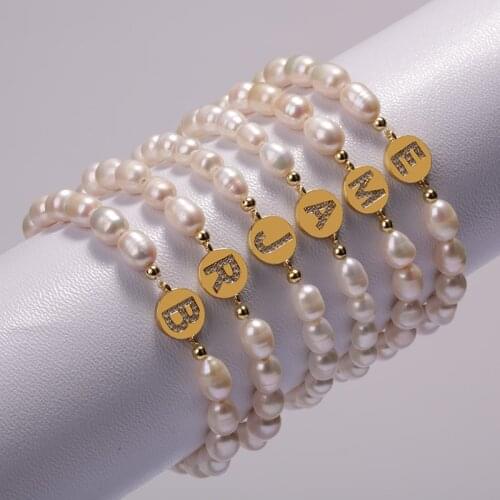 2020 New Design Bohemia gold initial 26 alphabet letter name CZ charm Natural Freshwater Pearl Beaded Unisex Couples Bracelet