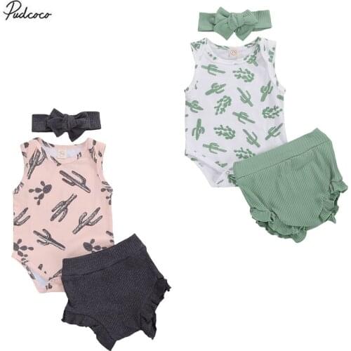 Baby Girls 3 PCS Outfit Set Cactus Sleeveless Button Closure Romper Solid Color Ruffle Triangle Pants Bow Hair Band 3Pcs Set