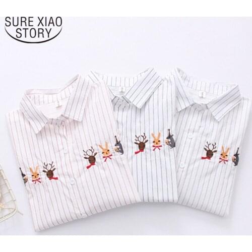 Blusas Mujer De Moda 2021 Spring Autumn New Cotton Sweet Women Blouses Tops Embroidery Stripe Long Sleeve Women Shirts 6587 50