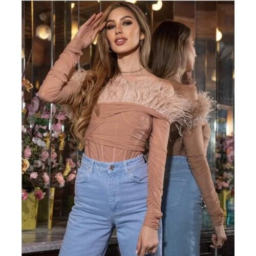 Newest Sexy Long Sleeve Off Shoulder Feather Pink Women Bandage Bodysuit 2021 Celebrity Designer Fashion High Street Bodysuit