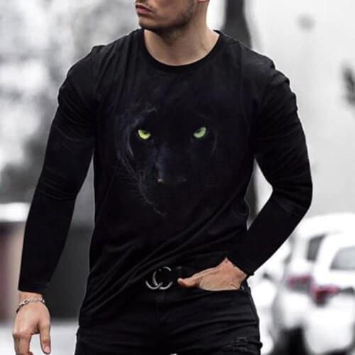 Mens summer loose round neck black panther digital printing long-sleeved T-shirt top