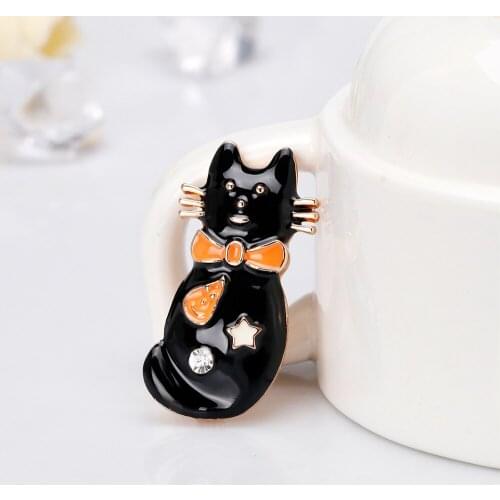 Playful and Cute Enamel Black Cat Brooches Bowknot Decorate Kitty Brooch for Women Crystal Pins Jewely Accessories