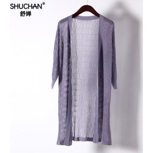 Shuchan Summer Linen Long Cardigans Women Computer Knitted V-neck 3/4 Sleeve Solid Thin Cardigan Feminino 2019 New Hollow Out