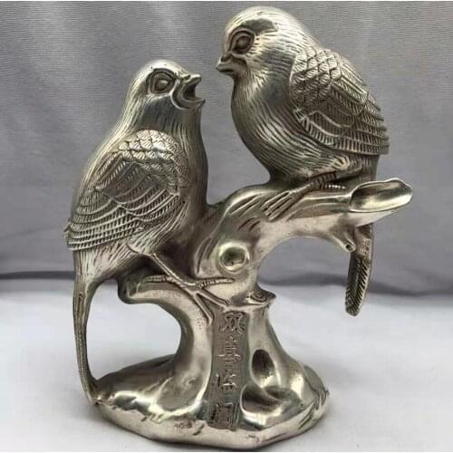 Chinese White copper Two magpie crafts statue